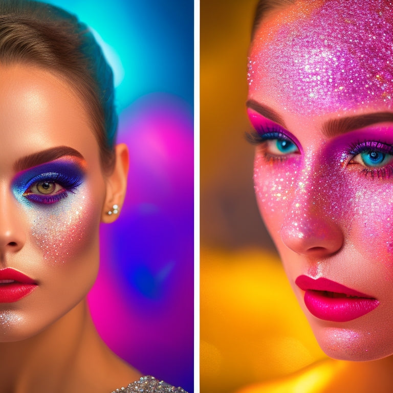 A split-screen image featuring a dancer's face with a bold, glittery eye shadow look on one side, and a more natural, subtle makeup look on the other, with a blurred-out dance competition background.