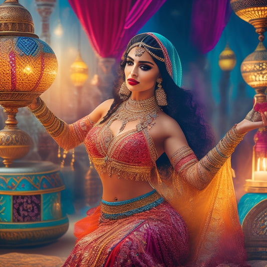 A vibrant illustration featuring a mesmerizing belly dancer surrounded by swirling Middle Eastern patterns, ornate lanterns, and a subtle background of Arabic musical instruments.