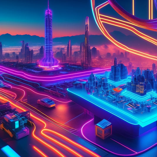 A futuristic illustration of a digital canvas with glowing neon lines and geometric shapes, surrounded by stylized representations of art supplies, with a subtle cityscape in the background.