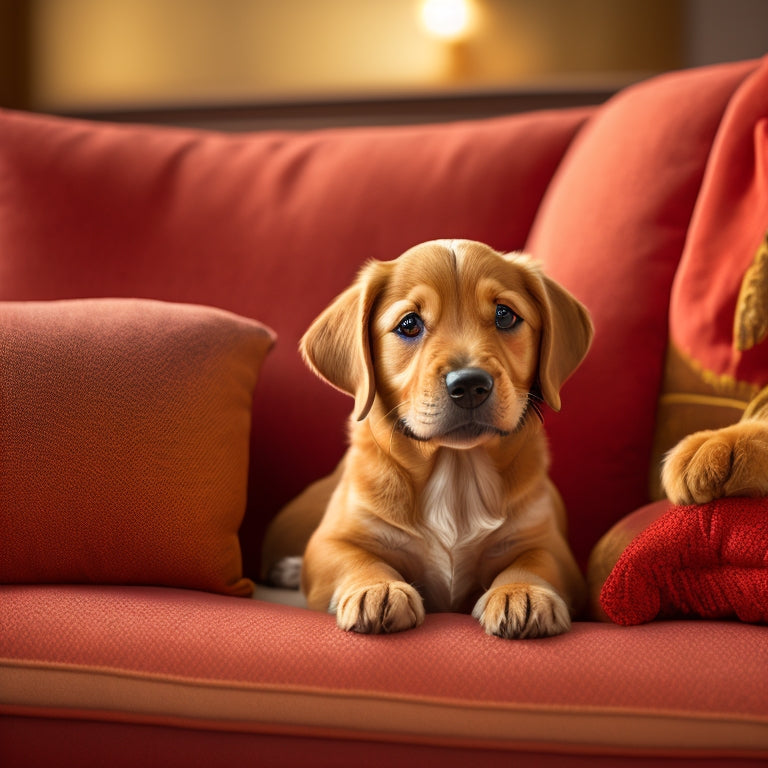 A warm, golden-lit studio with a soft focus background, featuring a beautifully rendered, hyper-realistic portrait of a curious, floppy-eared puppy sitting on a plush, crimson velvet cushion.