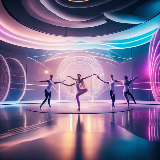 A futuristic dance studio with mirrors and ballet bars, surrounded by holographic graphs and charts displaying dance progress metrics, with a dancer in the center, surrounded by a swirling aura of light and data streams.