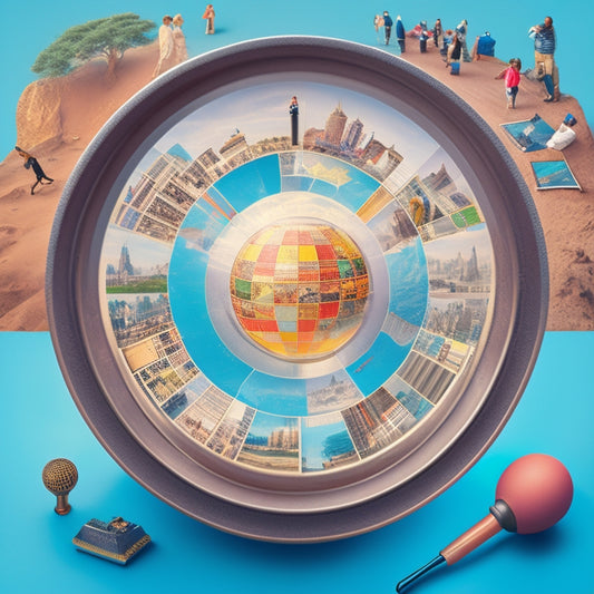 An illustration of a magnifying glass hovering above a globe, with tiny faces of diverse professionals (designers, developers, writers) scattered across the globe, surrounded by subtle project management tools and icons.