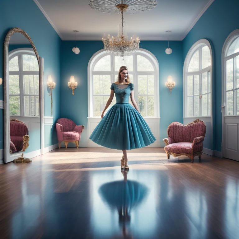 A whimsical illustration of a solo figure, dressed in a flowing skirt, standing in a bright, empty room with a few scattered tap shoes, a wooden floor, and a large mirror reflecting their determined expression.