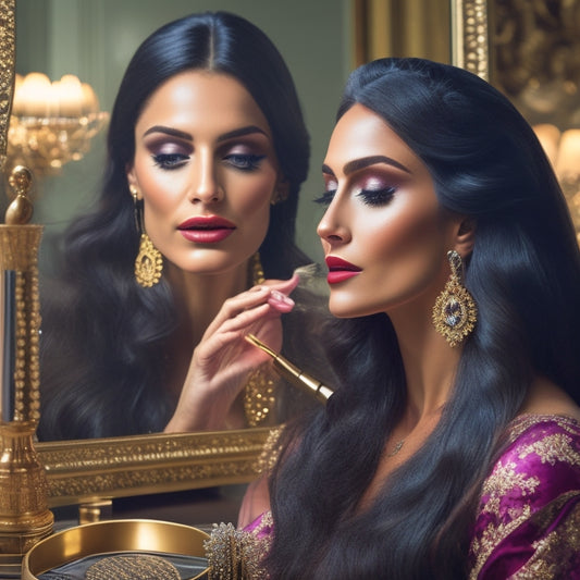 A glamorous, ornate, gold-framed mirror reflects Renee Sayed's elegant, smiling profile, surrounded by luxurious beauty products, makeup brushes, and a few strands of hair extensions on a velvet-covered vanity.