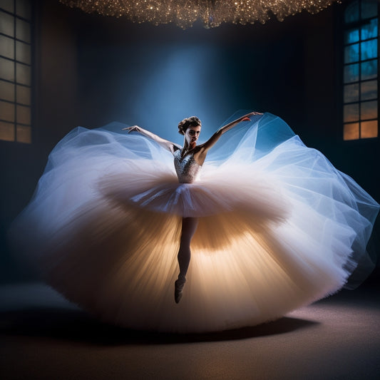A dramatic, low-lit dance studio with a solitary ballerina in mid-leap, surrounded by blurred motion trails, her tutu a swirling vortex of tulle, captured in stunning, crisp focus by Rachel Neville's lens.