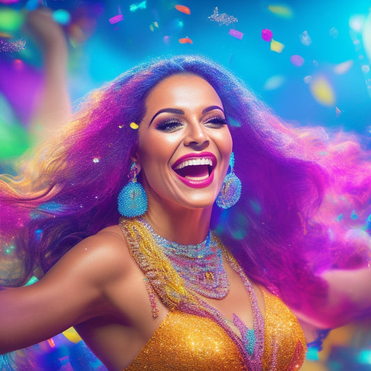 A vibrant, colorful illustration depicting a smiling woman in a flowing outfit, surrounded by virtual screens displaying belly dance classes, with confetti and sparks around her, conveying energy and joy.