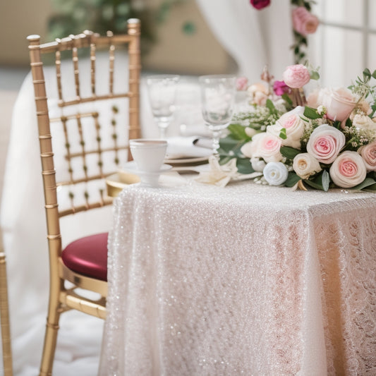 A serene, soft-focus image of a beautifully styled bridal table setting with a lace veil draped over a velvet-covered chair, surrounded by delicate flowers and a few scattered rose petals.