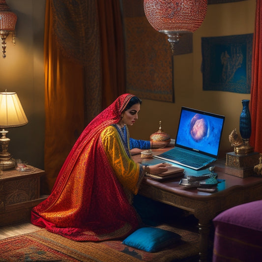 A serene, dimly lit room with a laptop on a low table, surrounded by colorful Middle Eastern-inspired fabrics and props, with a woman in the background, dancing in a flowing skirt.