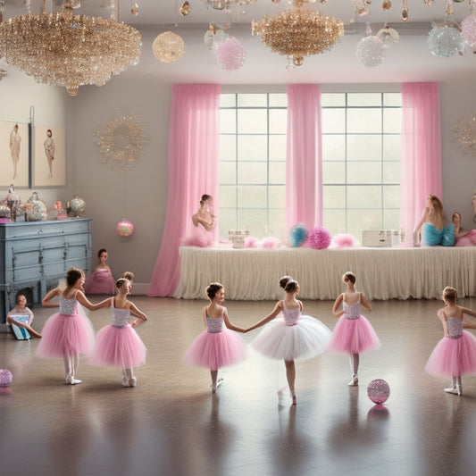 A whimsical illustration of a 2010s-era dance studio: pastel-colored walls, glittering disco balls, and a row of tiny ballerinas in tutus, surrounded by scattered dance shoes and trophies.