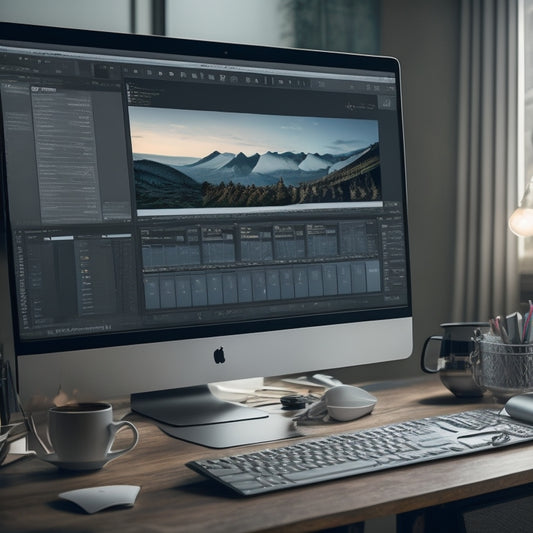 A dark grey iMac screen displaying a video editing software interface with multiple windows, timelines, and a footage preview, surrounded by a cluttered desk with scattered notes and coffee cups.