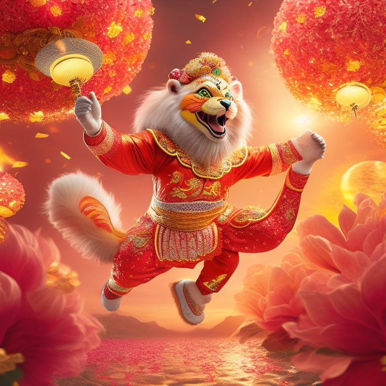 Vibrant illustration of a joyful Chinese lion dancer in mid-leap, surrounded by swirling red lanterns, golden coins, and blooming cherry blossoms, set against a bright orange background.