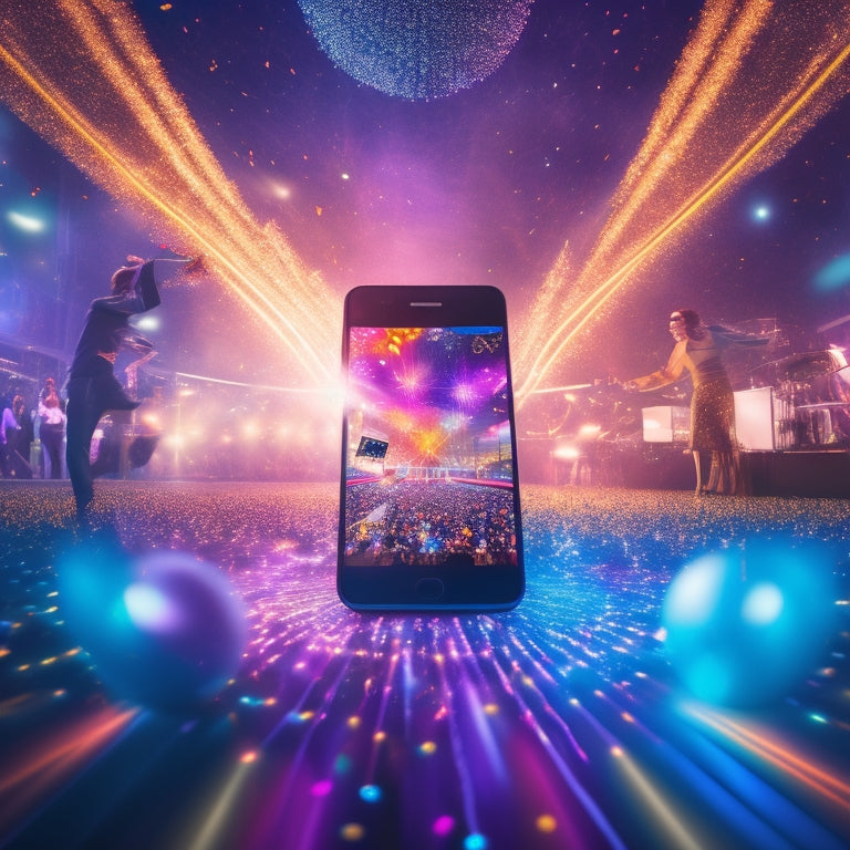 A vibrant illustration of a dance floor with a giant smartphone at its center, surrounded by swirling social media icons, confetti, and spotlights shining down.