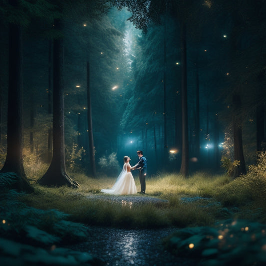 A whimsical, moonlit forest scene with a grand, glowing dance floor at its center, surrounded by twinkling fireflies and lush greenery, with elegant dancers frozen in mid-movement.