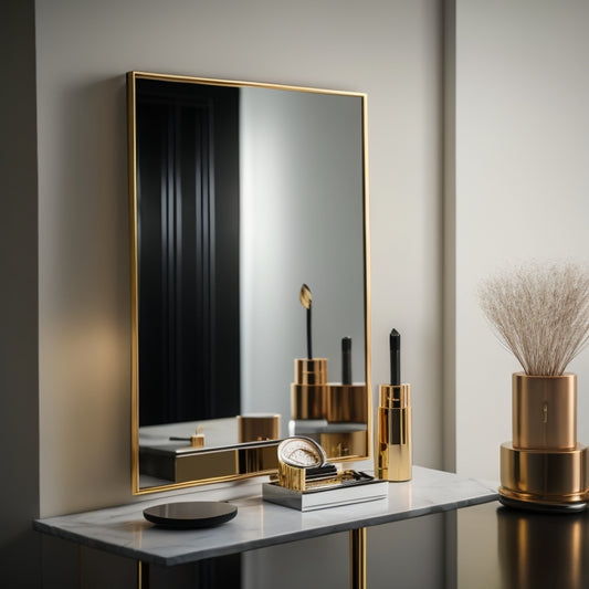 A minimalist, sleek, and modern makeup studio interior with a clutter-free countertop, a few organized makeup brushes, and a single, elegant, gold-framed mirror reflecting a blurred, beautiful face.