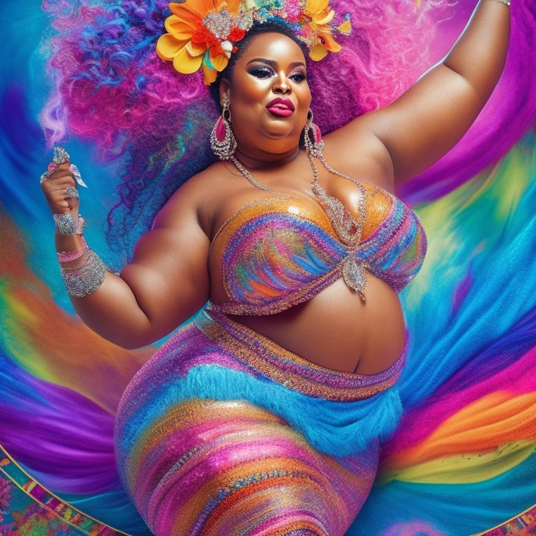 A vibrant illustration of a playful, curvy pole dancer surrounded by swirling, colorful brushstrokes, her chunky jewelry and outfits bursting with energetic, abstract patterns.