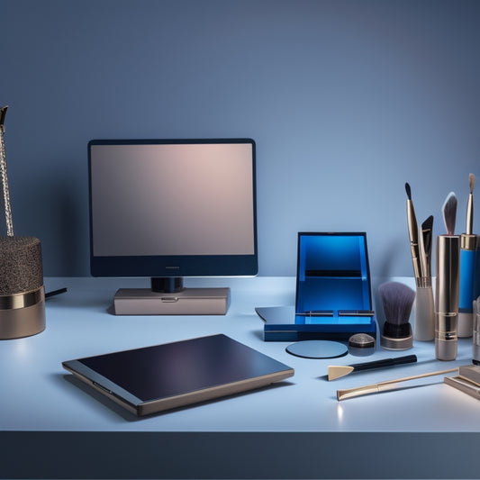 A well-lit, sleek vanity with various makeup brushes, palettes, and products arranged neatly, surrounded by a laptop and a tablet displaying a virtual makeup tutorial, against a soft, gradient blue background.