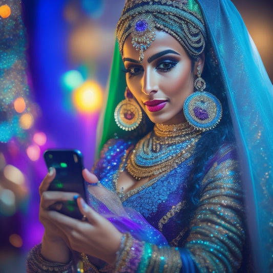 A mesmerizing belly dancer in a vibrant, jewel-toned costume, surrounded by swirling fabrics and shimmering veils, holds a smartphone with a glowing Instagram logo.