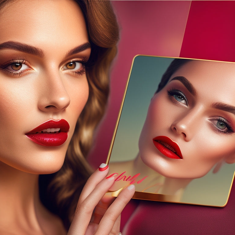 A sleek, modern business card with a bold, red lip print in the center, surrounded by a halo of golden eyeshadow and a subtle, gradient background of shimmering rose and champagne hues.