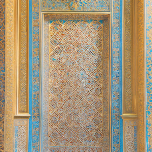 Vibrant, intricate Islamic geometric patterns and Arabic calligraphy on a warm, golden background, with subtle hints of turquoise and crimson, evoking the majesty of Middle Eastern architecture.