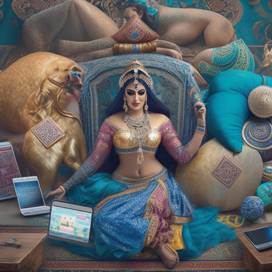 A whimsical illustration of a belly dancer surrounded by laptops, tablets, and smartphones, with swirling patterns of Middle Eastern-inspired motifs and subtle hints of online learning platforms in the background.
