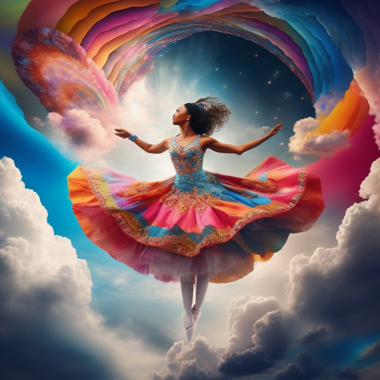 A whimsical illustration of a dancer surrounded by swirling clouds of vibrant colors, with sublimation files and creative tools orbiting around them, amidst a kaleidoscope of shapes and patterns.