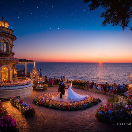 A twilight oceanfront scene with a grand, ornate stage at Newport's scenic Cliff Walk, surrounded by lavish gardens, spotlighting a whirlwind of colorful dancers in mid-air, amidst a kaleidoscope of confetti and glitter.