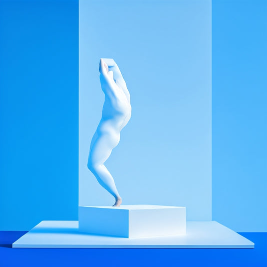 A serene, minimalist illustration featuring a flexible, athletic figure with perfect posture, surrounded by subtle, abstract shapes and lines suggesting strength, balance, and harmony, set against a calming, soft-blue background.