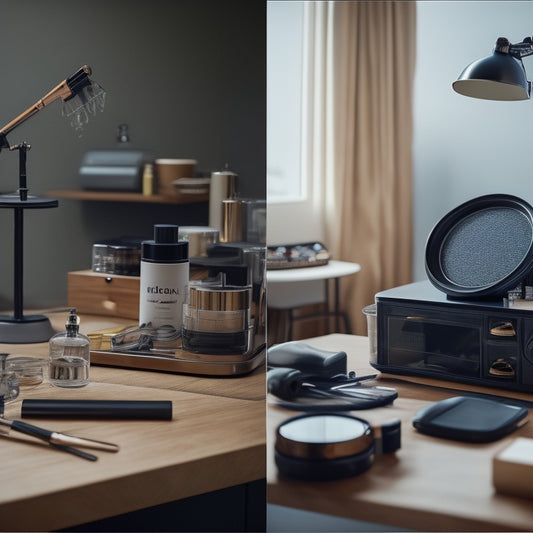 A split-screen image featuring a cluttered, chaotic makeup station on one side and an organized, minimalist station on the other, with a clock ticking in the background.