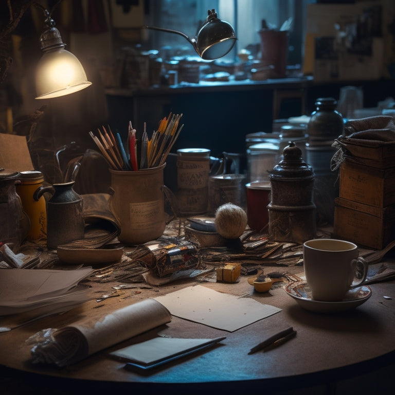 A cluttered, dimly lit workspace with half-finished art projects, scattered art supplies, and a broken pencil lying on a crumpled paper, surrounded by empty coffee cups and forgotten inspirational quotes.