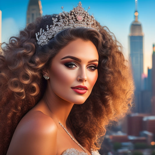 Create an image featuring a stunning, curly-haired bride with a sparkling tiara, surrounded by various hair styling tools and makeup brushes, set against a soft, peach-colored Memphis cityscape backdrop.