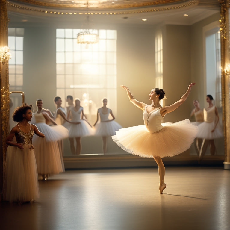 A warm, golden-lit dance studio with a female figure, dressed in a flowing white tutu, leaping in mid-air, surrounded by inspirational quotes written on mirrors and ballet barres.