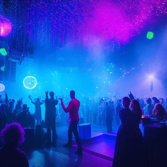 A dark blue and purple neon-lit dance floor with flashing lights and confetti, surrounded by silhouette figures dancing and having fun, with a large, ornate, glowing sign in the center.