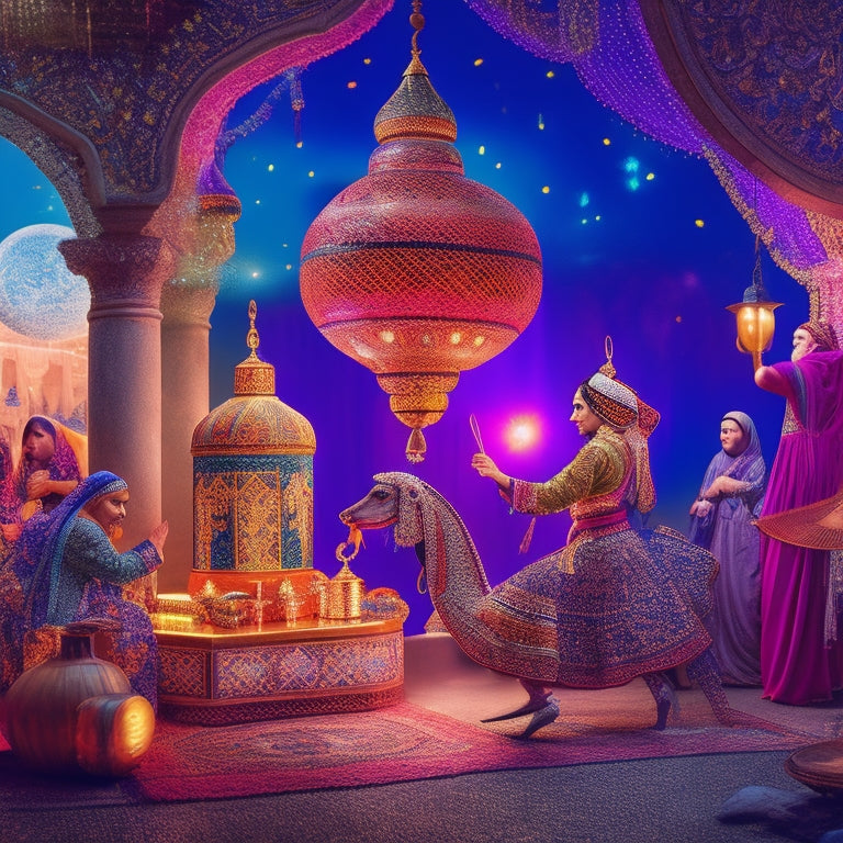 A vibrant illustration of a mystical Middle Eastern night scene: lanterns aglow, intricate mosaic patterns, and a whirling dervish dancer surrounded by swirling fabrics, ouds, and ancient instruments.