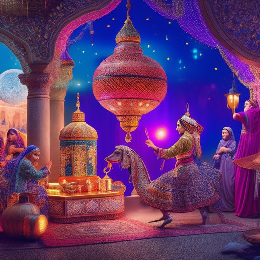 A vibrant illustration of a mystical Middle Eastern night scene: lanterns aglow, intricate mosaic patterns, and a whirling dervish dancer surrounded by swirling fabrics, ouds, and ancient instruments.