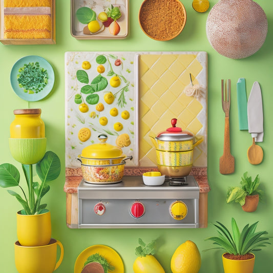 A whimsical kitchen illustration featuring a bright, sunny yellow background, adorned with colorful utensils, vintage-inspired kitchen gadgets, and playful ceramic tiles, all surrounded by lush greenery.