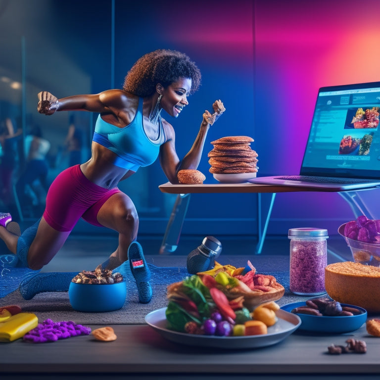 A vibrant illustration of a person dancing in front of a laptop, surrounded by weight scales, fitness trackers, and healthy snacks, with a blurred background of a fitness studio.