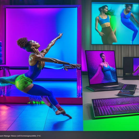 A vibrant, dynamic illustration featuring a confident, mid-pose dancer in a modern dance studio, surrounded by laptops and tablets displaying virtual dance classes, with mirrors and ballet bars in the background.