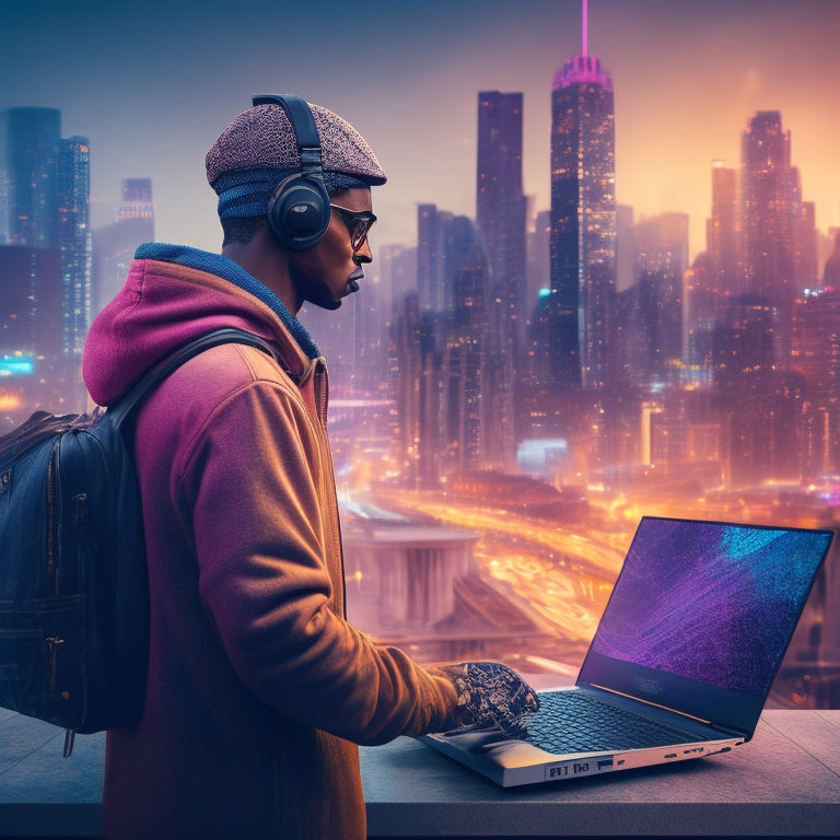 A vibrant illustration of a person standing in front of a laptop, surrounded by musical notes and rhythmic patterns, with a subtle cityscape in the background, conveying energy and harmony.