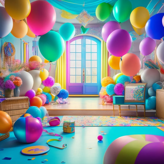 A vibrant illustration of a whimsical dance studio filled with colorful balloons, confetti, and swirling ribbons, surrounded by music notes, dance shoes, and instruments, set against a bright, sunny backdrop.