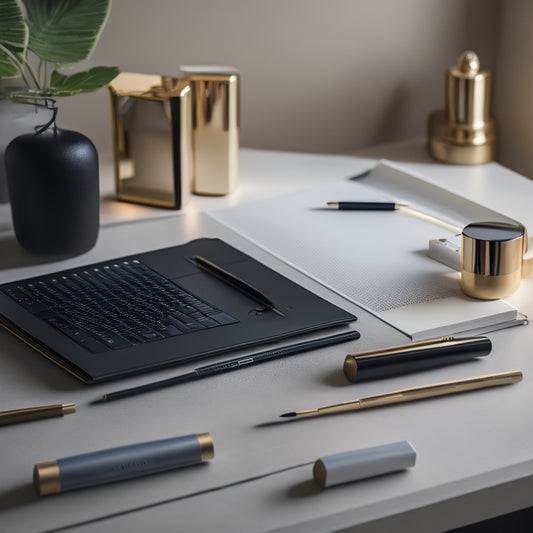 A elegant, minimalist desk setup with a sleek laptop, a leather-bound notebook, and a elegant pen, surrounded by scattered makeup products and brushes, with a subtle, soft-focus background.
