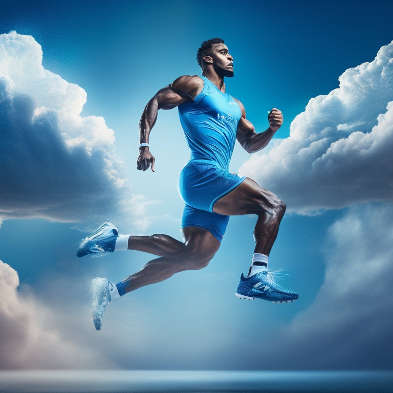 A dynamic illustration featuring a stylized athletic figure in motion, surrounded by swirling clouds and abstract sports equipment, set against a bright blue and gray gradient background.