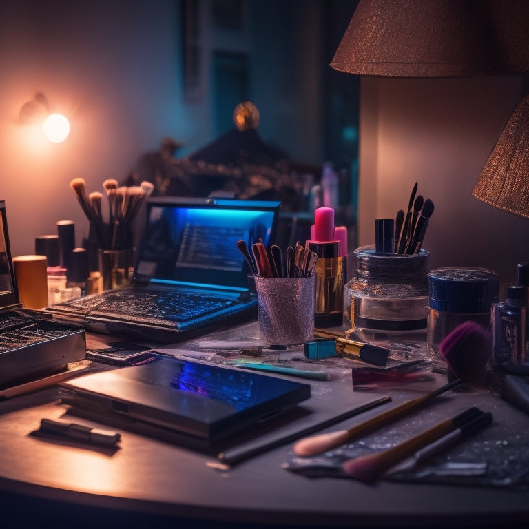 A dimly lit, cluttered vanity with scattered makeup products and a small, outdated laptop in the background, surrounded by torn-out inspirational quotes and broken makeup brushes.