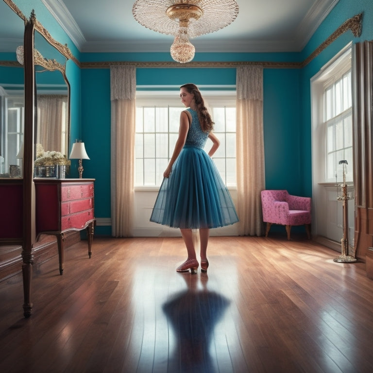 A whimsical illustration of a solo figure, dressed in a flowing skirt, standing in a bright, empty room with a few scattered tap shoes, a wooden floor, and a large mirror reflecting their determined expression.