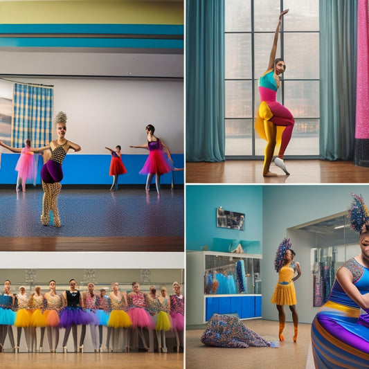 A vibrant collage of diverse dance uniforms: a ballet tutu, contemporary dance leggings, hip-hop baggy pants, tap shoes, and jazz leotards, all arranged artistically against a colorful backdrop of dance studio mirrors and wooden floors.