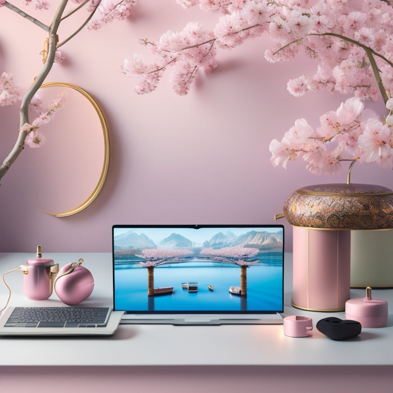A serene, minimalist background with a fusion of traditional oriental elements (e.g., cherry blossoms, fans) and modern digital components (e.g., laptops, headphones) in a harmonious, whimsical arrangement.