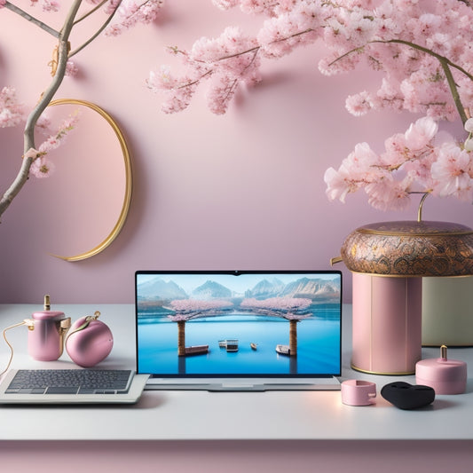 A serene, minimalist background with a fusion of traditional oriental elements (e.g., cherry blossoms, fans) and modern digital components (e.g., laptops, headphones) in a harmonious, whimsical arrangement.