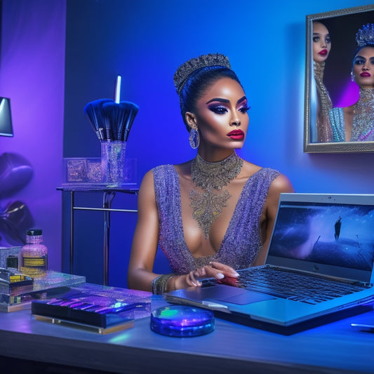 A glamorous, spotlight-lit dancer in a studio, surrounded by mirrors and makeup stations, with a laptop and tablet displaying a dance makeup tutorial, amidst a colorful array of makeup products and brushes.