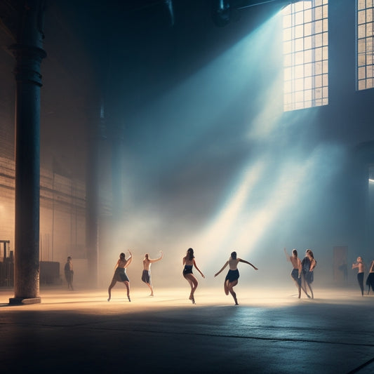 A dimly lit, industrial-chic warehouse with exposed brick walls and concrete floors, filled with suspended dancers in mid-air, surrounded by swirling fog and fragmented mirrors, evoking a sense of dynamic movement.