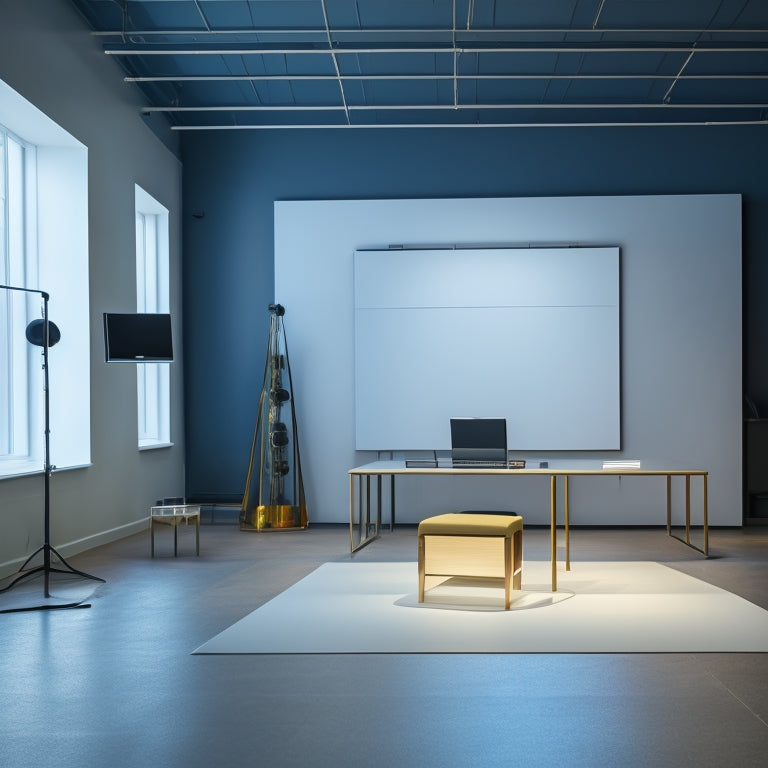 A minimalist, modern dance studio with a laptop and tablet on a sleek, silver desk, surrounded by empty space, with a subtle grid of floor lights in the background.