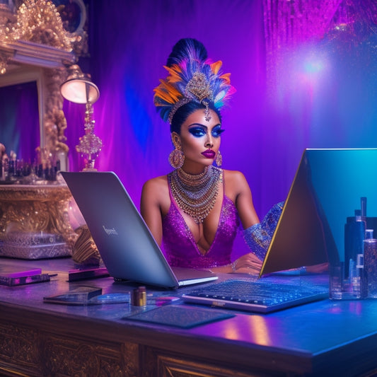 A glamorous, spotlit dancer in a bold, colorful costume stands in front of a vanity, surrounded by makeup brushes, palettes, and mirrors, with a laptop open to an online course in the foreground.